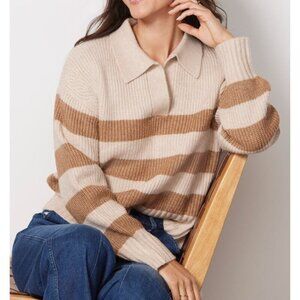 Design History Cream Tan Paxton Stripe Polo Pullover Collared Sweater